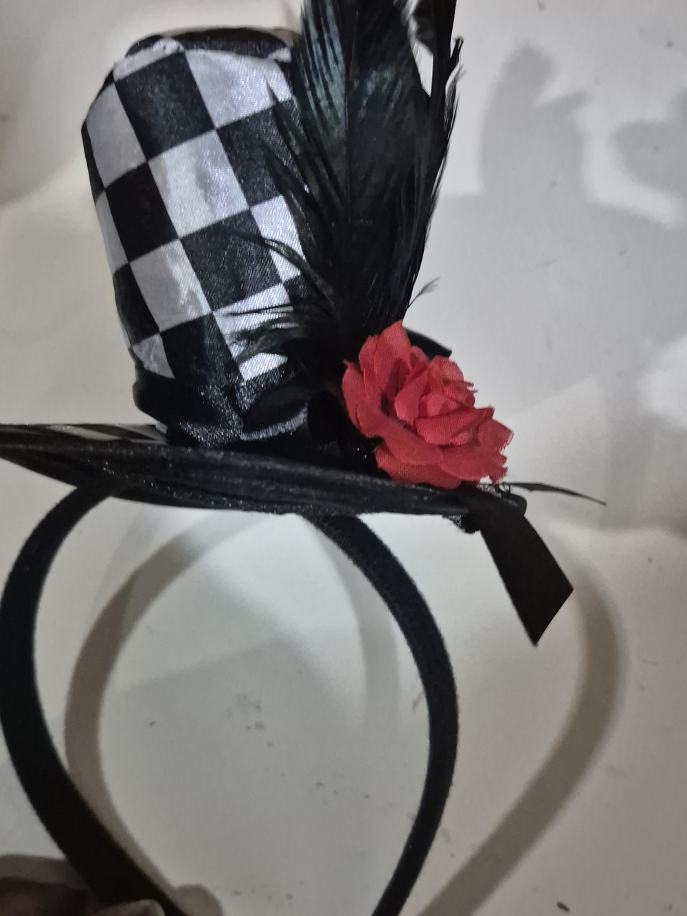 Black Checkered Mini Top Hat Headband with Red Rose
